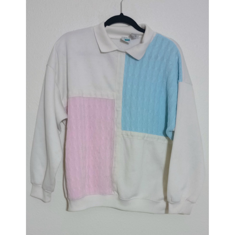Vintage First Run Pastel Colorblock Cable Knit Patchwork Polo Sweatshirt Large